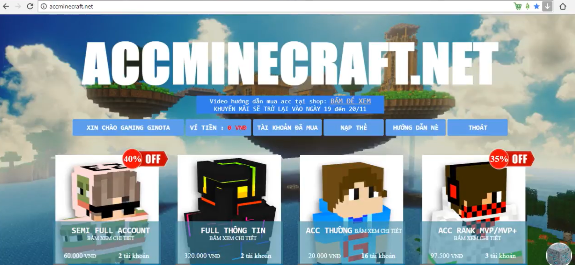 Giao diện đầu tiên của Accminecraft.net - cung cấp tài khoản bản quyền Minecraft PC