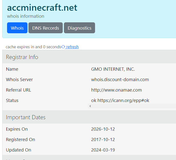 Whois thông tin đăng ký tên miền accminecraft.net từ năm 2017